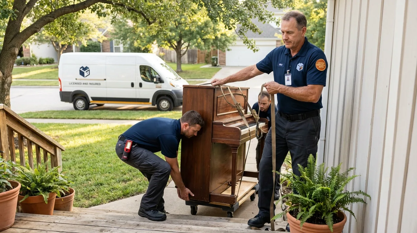 Licensed piano movers securing grand piano in Otsego, MI
