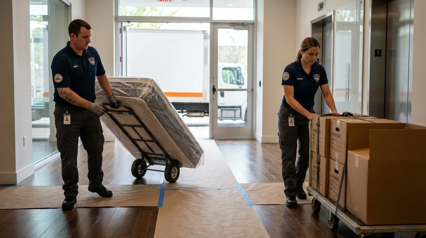 Professional apartment movers loading elevator in Otsego, MI
